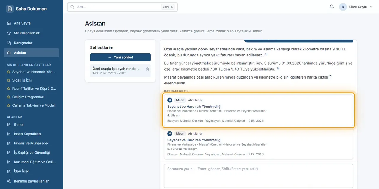 Asistan yanıtı ve altında numaralı kaynak kartları